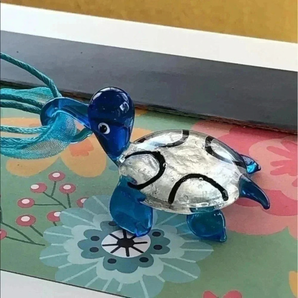 Aqua Teal Blue Murano Glass Turtle Tortoise Ribbon & Cord Necklace NWT - Picture 1 of 5